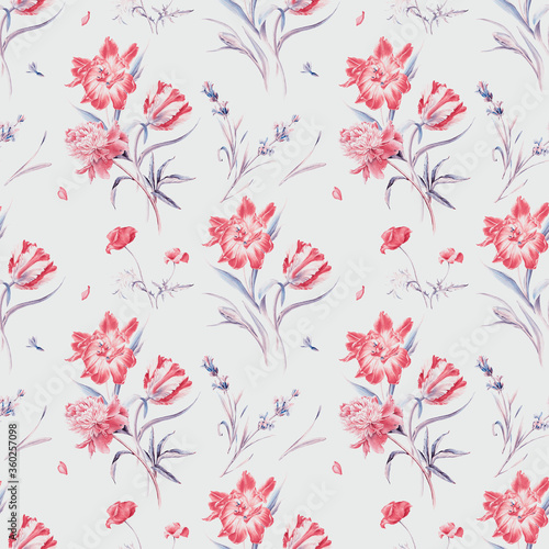 Summertime seamless watercolor pattern with wild flowers tulips, poppies, lavender and peonies.