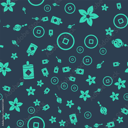 Set Chinese Yuan currency, Lotus flower, Firework and Yin Yang on seamless pattern. Vector