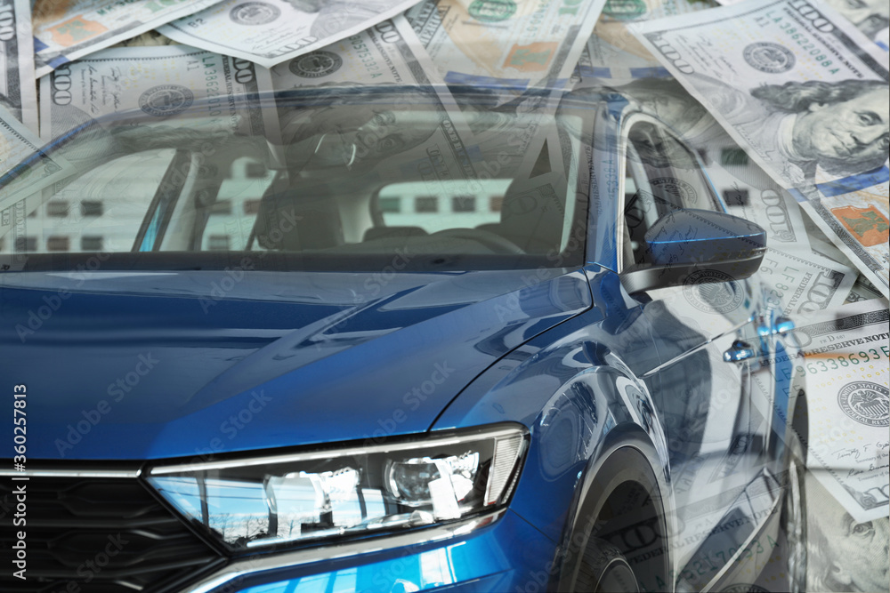 Buying car. Double exposure of auto and dollar banknotes