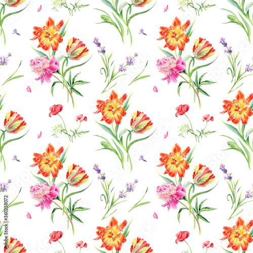 Summertime seamless watercolor pattern with wild flowers tulips, poppies, lavender and peonies.