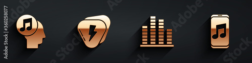 Set Musical note in human head, Guitar pick, Music equalizer and Music player icon with long shadow. Vector