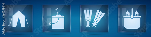 Set Tourist tent, Sand in bucket with shovel, Rubber flippers and Cooler bag and water. Square glass panels. Vector