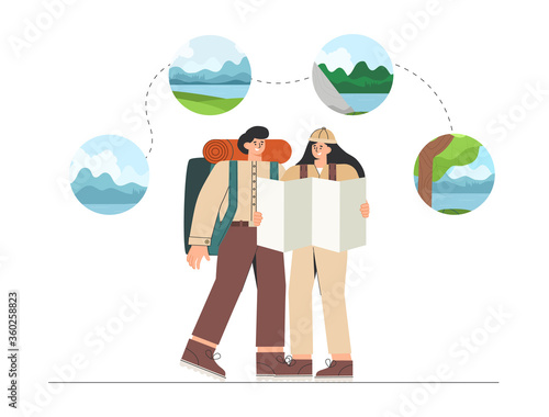 Man and woman plan a trip, hold a map in their hand and look at different options hiking in the fields, climbing a mountain or going to the lake. Concept of discovery, exploration, hiking, adventure.