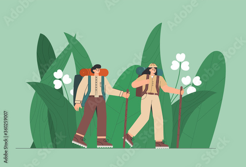 Travelers in the jungle. People, man and woman enjoy large green leaves. Flat style vector illustration. Concept of discovery, exploration, hiking, adventure.