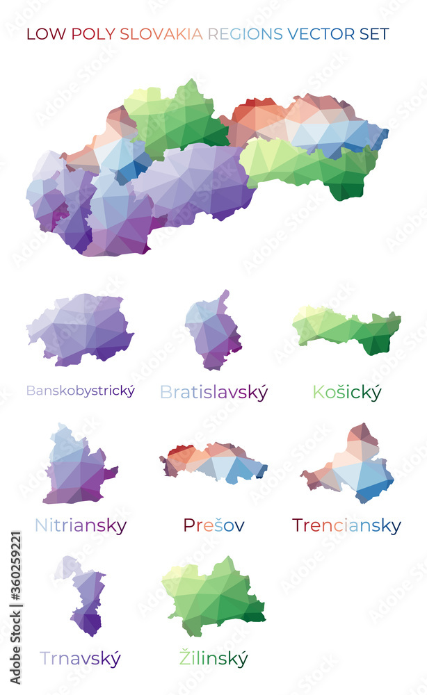 Slovak low poly regions. Polygonal map of Slovakia with regions. Geometric maps for your design. Superb vector illustration. Slovak low poly regions. Polygonal map of Slovakia with regions. Geometric maps for your design. Superb vector illustration.