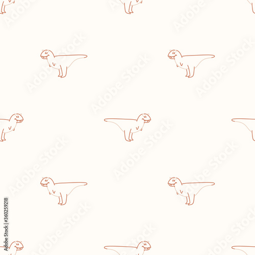 Seamless background simple Carnotaurus dinosaur with foot print gender neutral baby pattern. Simple whimsical minimal earthy 2 tone color. Kids nursery wallpaper or boho cartoon.