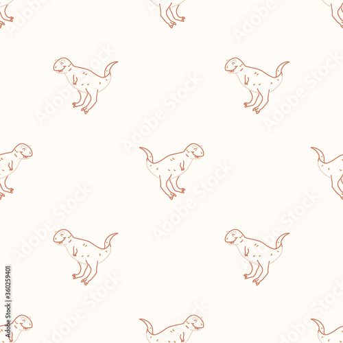 Seamless Carnotaurus dinosaur with foot print gender neutral baby pattern. Simple whimsical minimal earthy 2 tone color. Kids nursery wallpaper or boho cartoon animal fashion all over print