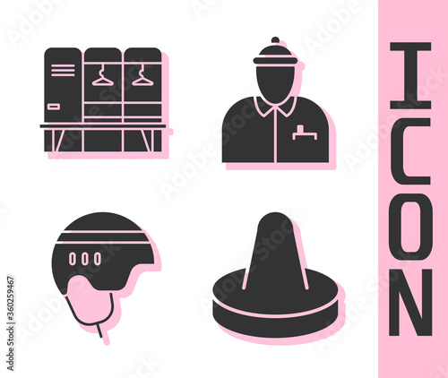 Set Mallet for playing air hockey, Locker or changing room, Hockey helmet and Hockey coach icon. Vector