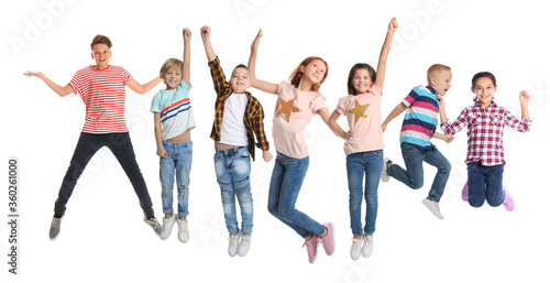 Collage with photos of jumping children on white background