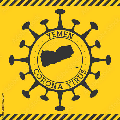 Corona virus in Yemen sign. Round badge with shape of virus and Yemen map. Yellow country epidemic lockdown stamp. Vector illustration.