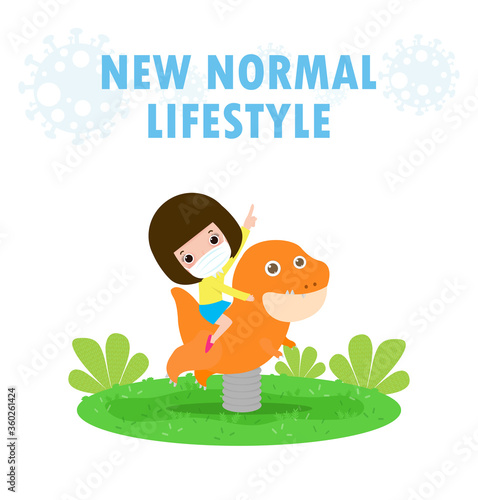new normal lifestyle concept. happy kids wearing face mask having fun on toy dinosaur at playground protect coronavirus covid-19, children on parks outdoor isolated on white background vector