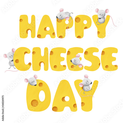 Bright cheese lettering with mouses. Bold colored tasty gratulations 