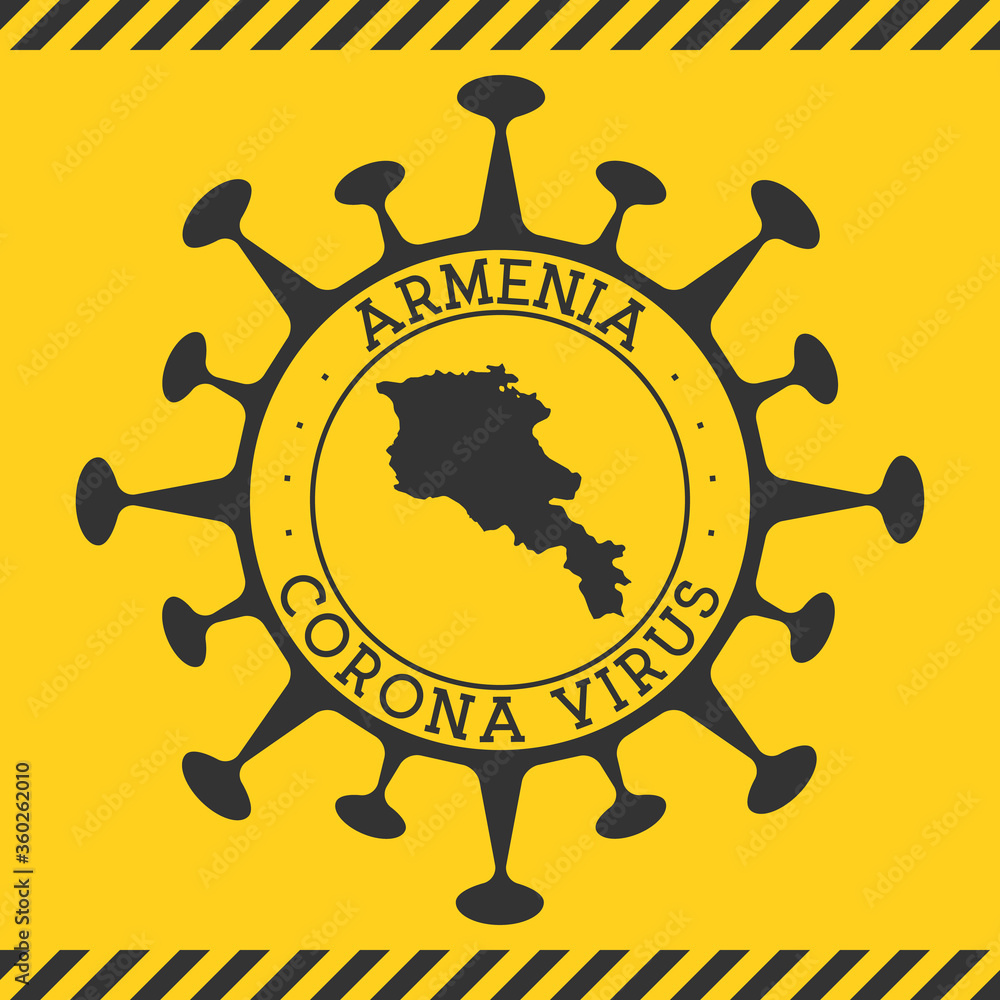 Corona virus in Armenia sign. Round badge with shape of virus and Armenia map. Yellow country epidemy lock down stamp. Vector illustration.