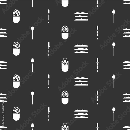 Set Cocaine or heroin drug, Opium poppy, Medicine pill or tablet and Pipette on seamless pattern. Vector