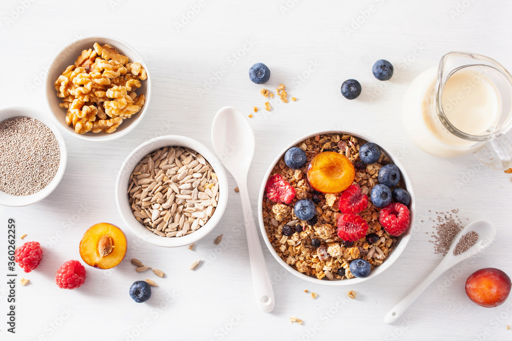 healthy granola for breakfast with berry fruit nut, plant milk healthy granola for breakfast with berry fruit nut, plant milk