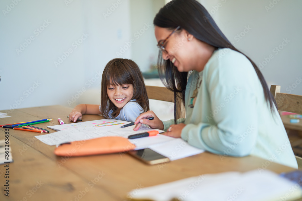 Mother helping daughter with homework at table Mother helping daughter with homework at table