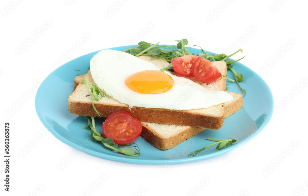 Tasty fried egg with bread and garnish isolated on white Tasty fried egg with bread and garnish isolated on white
