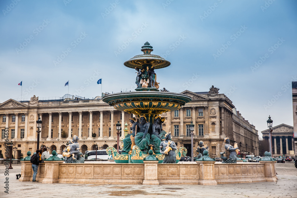 Fountain of River Commerce and Navigation at the Place de la Concorde in a cold winter day