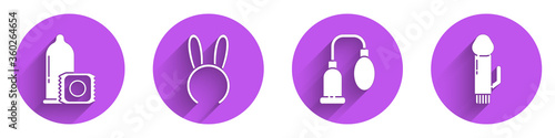 Set Condom, Mask with long bunny ears, Penis pump and Dildo vibrator icon with long shadow. Vector
