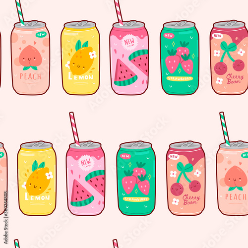 Various tasty Sodas. Hand drawn Vector Seamless pattern. Drinks in aluminum Cans. Carbonated water with different fruit flavors. Kawaii asian style. Trendy illustration. Background, Wallpaper
