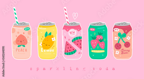 Various tasty Sodas. Hand drawn Vector set of soft Drinks in aluminum Cans. Carbonated water with different fruit flavors. Kawaii asian style. Trendy illustration. All elements are isolated