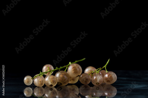 White currants on a black background. A small handful of white currant