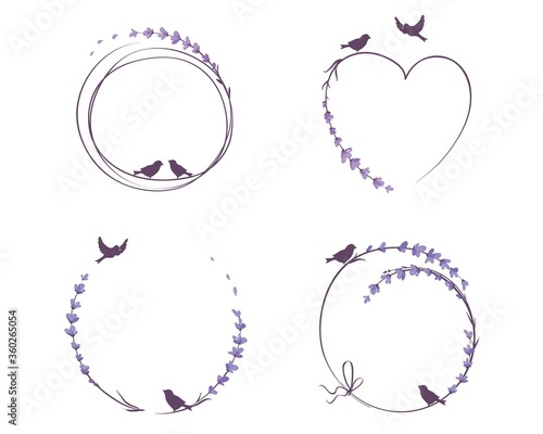 Frames for Wedding invitation. Set vector design elements, lavender flowers and birds.