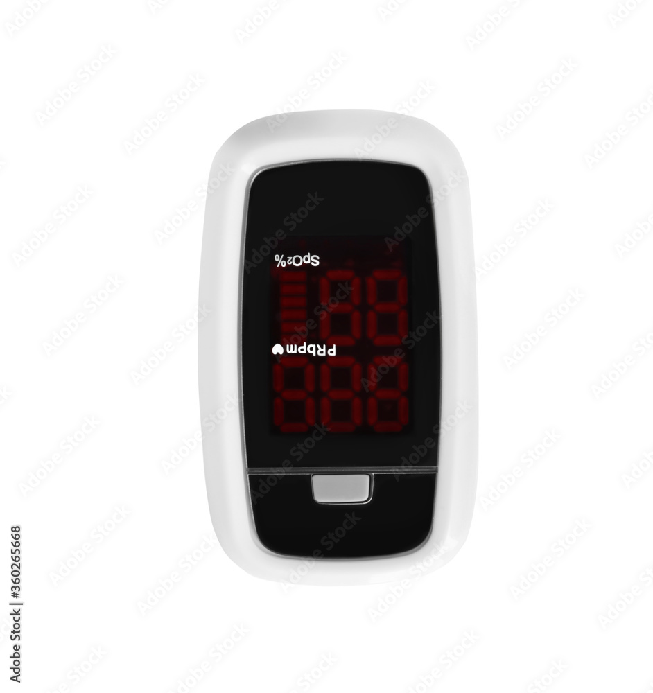 Modern fingertip pulse oximeter isolated on white, top view Modern fingertip pulse oximeter isolated on white, top view