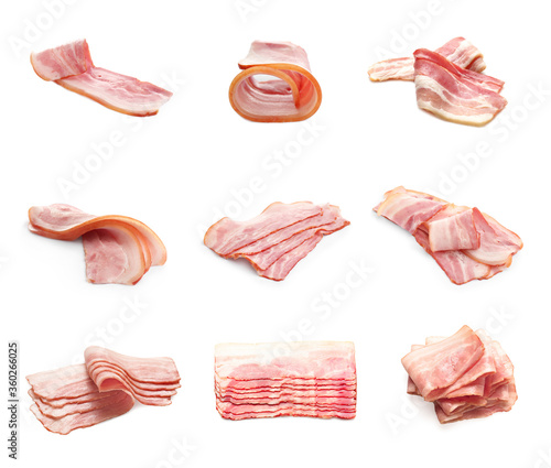Set with bacon slices on white background