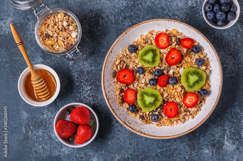 Healthy breakfast, bowl with oat granola and berries.