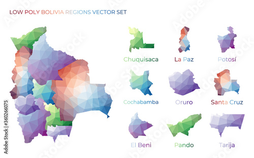 Bolivian low poly regions. Polygonal map of Bolivia with regions. Geometric maps for your design. Attractive vector illustration.