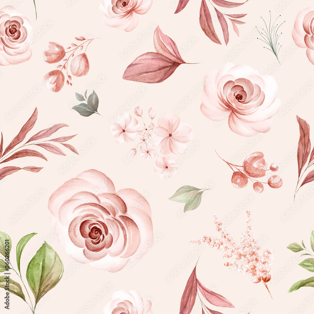 Floral seamless pattern of brown watercolor roses and wild flowers arrangements on pastel background for fashion, print, textile, fabric, and card background
