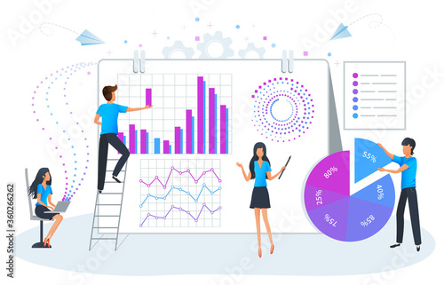Big data analysis and management vector illustration. Workshop training. Business plan, strategy and data analysis. Financial accounting and consulting