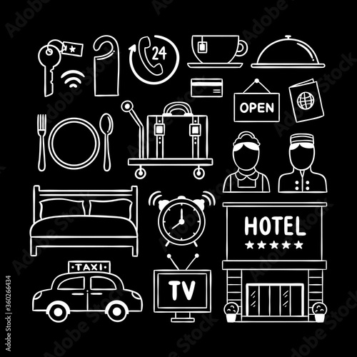 Hotel vector set. Hand drawn hotel icon collection. Travelling hotel service symbols. Vacation accommodation outline doodles