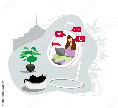 Vector illustration of the concept of remote work. A seated woman freelancer in a hanging chair works at a laptop in flat cartoon style. Workplace with comfort. 
