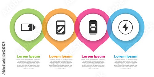 Set Battery charge level indicator, Multimeter, Electric light switch and Lightning bolt. Business infographic template. Vector