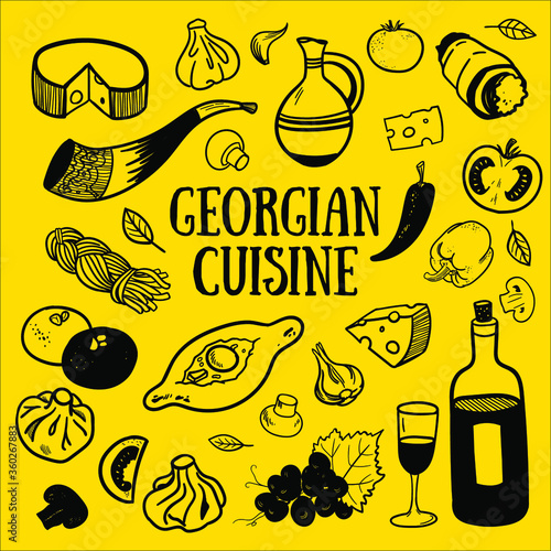 Hand drawn set of Georgian Cuisine. Sketch vector illustration of a Georgian food with khinkali, khachapuri, pkhali, cheese, wine.