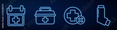 Set line Cross hospital medical, Doctor appointment, First aid kit, Inhaler and Map pointer with cross hospital. Glowing neon icon on brick wall. Vector