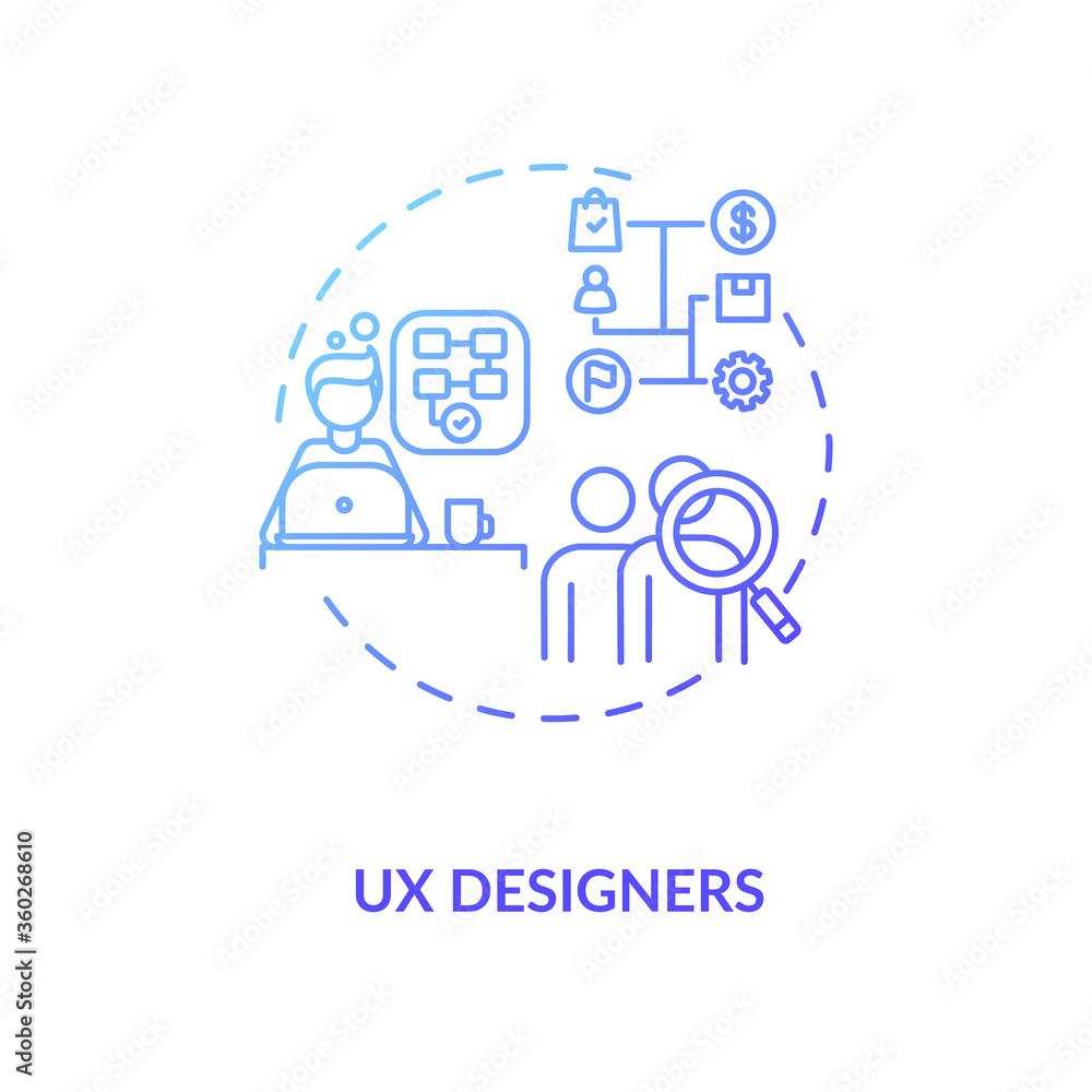 UX designer blue gradient concept icon. Software experience for customer satisfaction. Programmer corporate career idea thin line illustration. Vector isolated outline RGB color drawing
