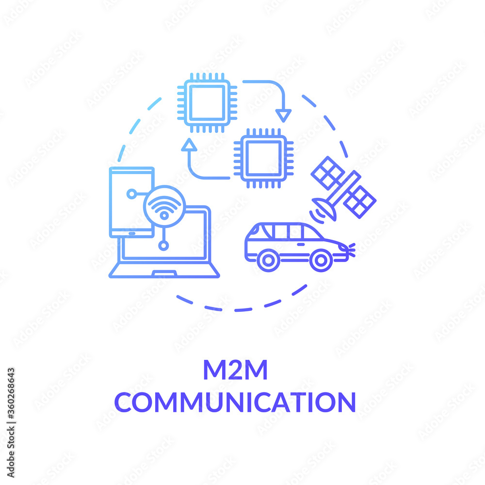 M2M communication blue gradient concept icon. Remote connection for technology. Wireless information exchange between devices idea thin line illustration. Vector isolated outline RGB color drawing M2M communication blue gradient concept icon. Remote connection for technology. Wireless information exchange between devices idea thin line illustration. Vector isolated outline RGB color drawing