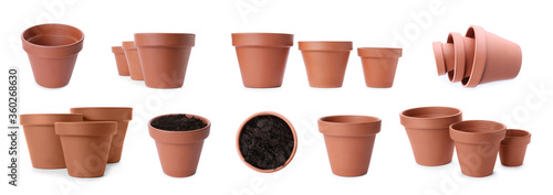 Set of flower pots on white background. Banner design