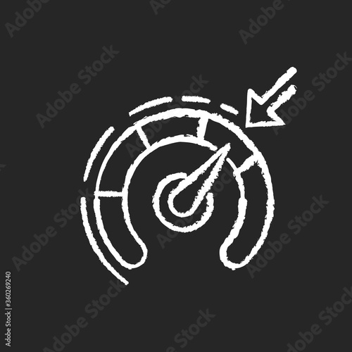 Cruise control chalk white icon on black background. Smart car speed regulation system. Modern technology for drivers safety. Speed gauge, speedometer isolated vector chalkboard illustration