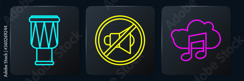 Set line Drum, Music streaming service and Speaker mute. Black square button. Vector