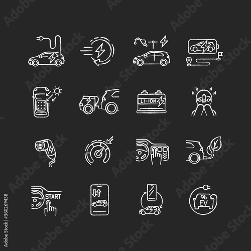 Electric car chalk white icons set on black background. Environmentally safe automobile, alternative transport. Modern technology, electric motor vehicles. Isolated vector chalkboard illustrations