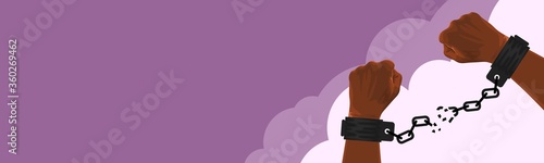 HORIZONTAL PURPLE BANNER WITH HANDS IN BROKEN SHACKLES IN THE CORNER