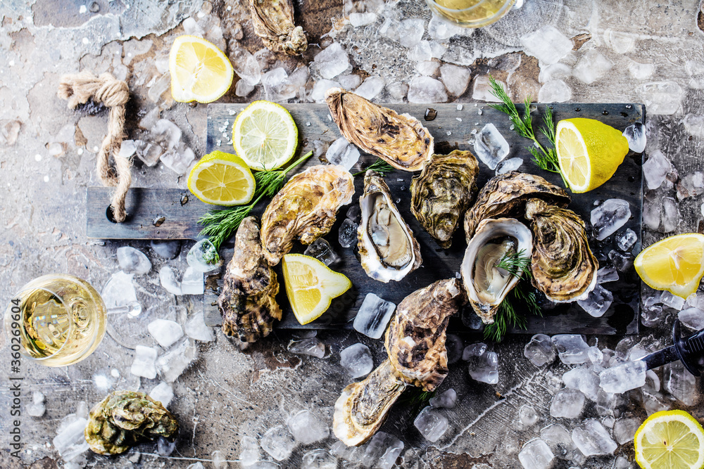 top view of delicious oysters on ice cubes and wine glass top view of delicious oysters on ice cubes and wine glass