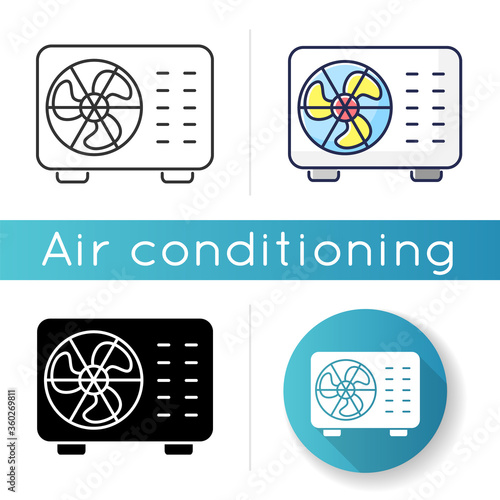 Split air conditioner icon. Linear black and RGB color styles. Interior environment refrigeration system. Domestic cooling or heating appliance. Mini split AC Isolated vector illustrations