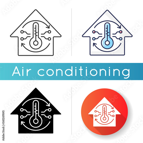 Central air conditioning icon. Linear black and RGB color styles. Large home ventilation system. House cooling and heating, modern climate control technology. Isolated vector illustrations