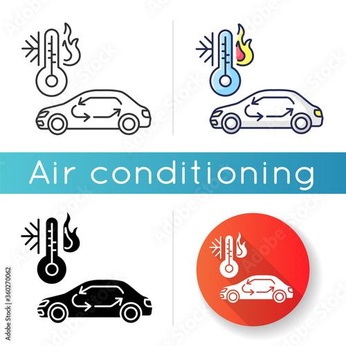 Car air conditioning icon. Linear black and RGB color styles. Vehicle interior ventilation, transport heating and cooling system. Automobile with air circulation Isolated vector illustrations