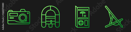 Set line Travel brochure, Photo camera, Rafting boat and Sunbed. Gradient color icons. Vector